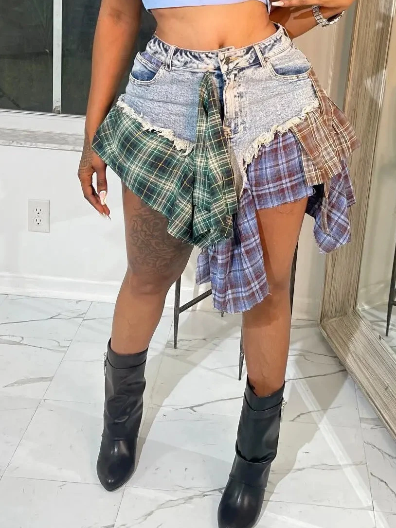 Streamer Irregular A-line Mini Skirt Street Female Classic Jeans Cargo Skirts