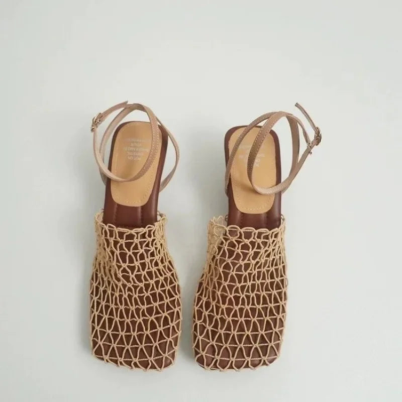 Summer Luxury Designer Sandals Women's Lace Mesh Square Toe Shallow Narrow Strap Braided Slip-on High Heels Sandals