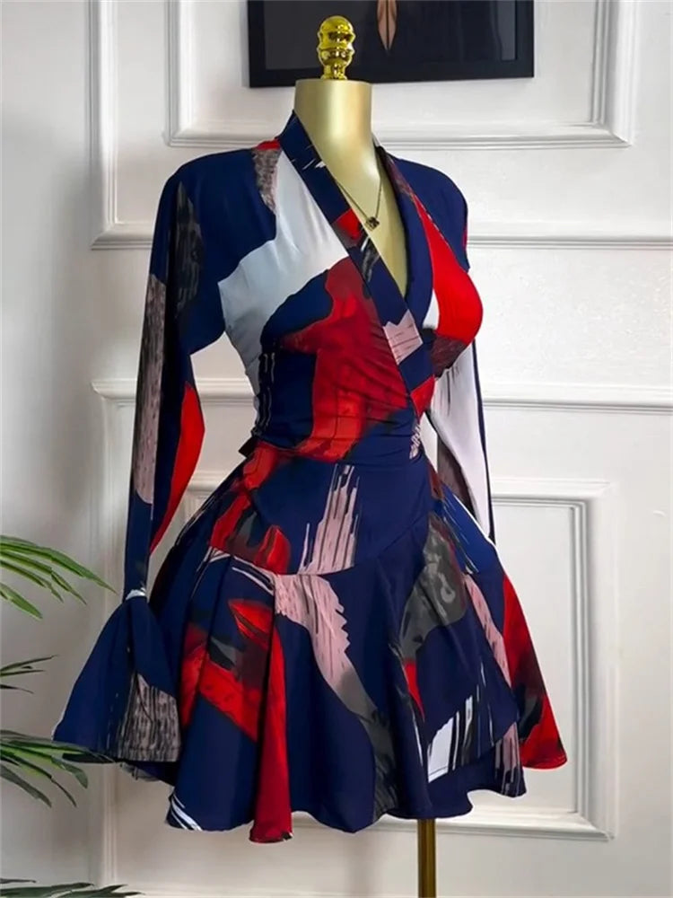 Sweet Printed V Neck Tie Flared Sleeve High Waisted Midi Dress