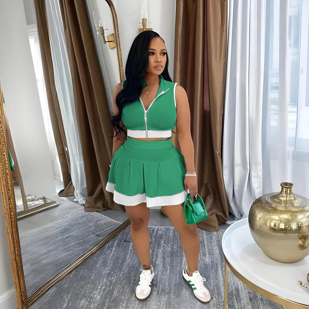 Sleeveless V-neck Vest + Pleated Skirts 2025 Summer Cute Street Beach Two 2 Piece Sets Outfits Tracksuit