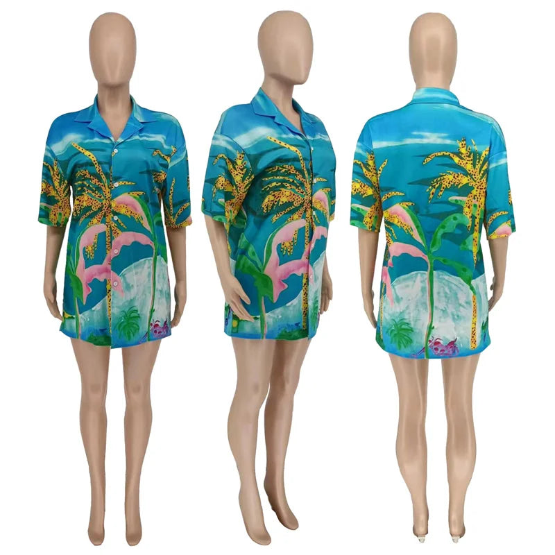 Beach Printed Turn-Down Collar Button Shirt Dress Women Clothes Short Sleeve Mini Dress Clubwear Casual Vacation Summer Dress