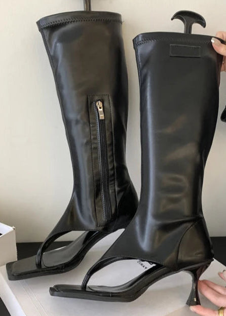 Open Toe Clip-On Knee High Boots Women Modern Booties Thin Low Heels Side Zipper Spring Party Pumps Sandals Shoe