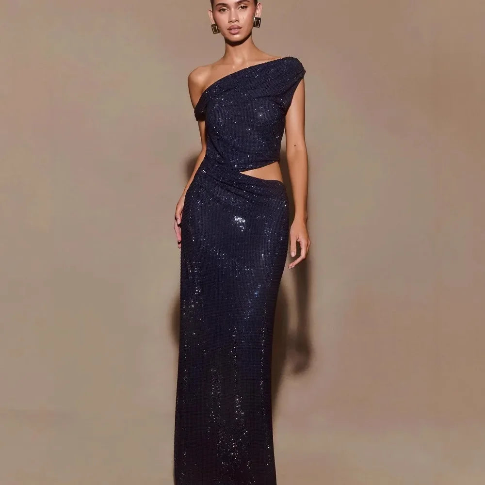 High-End Women's Sleeveless Dress Exposed Waist Diamond Embellished Asymmetrical Shoulder Cross-Border New Style Independent Sta