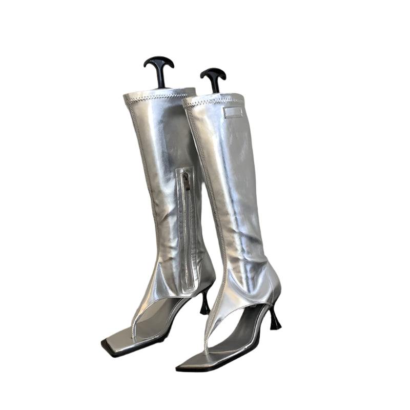 Open Toe Clip-On Knee High Boots Women Modern Booties Thin Low Heels Side Zipper Spring Party Pumps Sandals Shoe