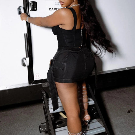 2 Piece Set Women Cut Out Shape Bare Midriff Zip-Up Tanks+High Waist Cross Ribbon Skirts Female Party Clubwear