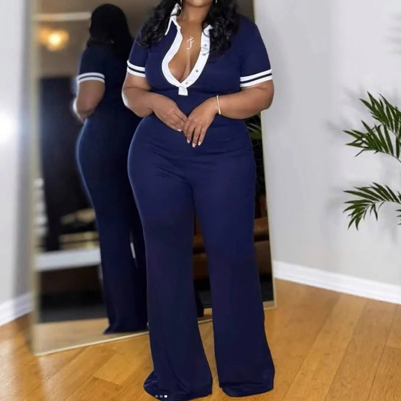 Elegant Short Sleeve High Waist Casual Flare Leg Jumpsuits