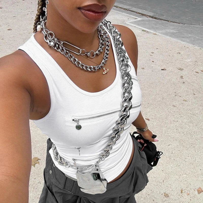 CUTENOVA Fashion Punk Women Zipper Design Crop Tops Sleeveless Cut Out Slim Tanks Vest Grunge Hollow Out Vest Tops Bustiers Str