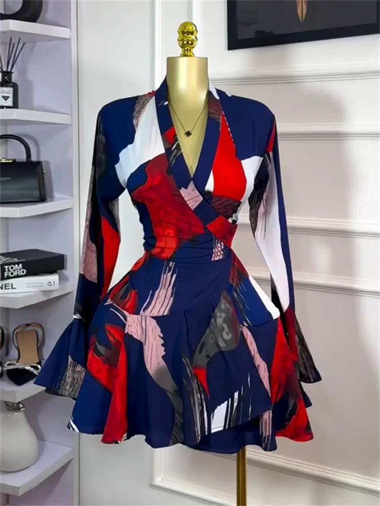 Sweet Printed V Neck Tie Flared Sleeve High Waisted Midi Dress