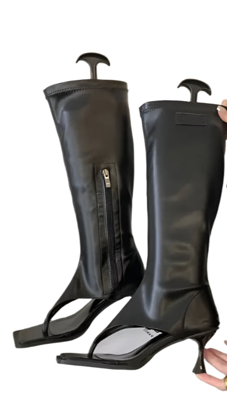 Open Toe Clip-On Knee High Boots Women Modern Booties Thin Low Heels Side Zipper Spring Party Pumps Sandals Shoe