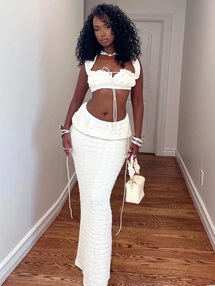 Elegant 2 Piece Set Women Hollow Square Collar Bandage Tank Tops+Stretch Long Skirts Midnight Sexy Trend Suits