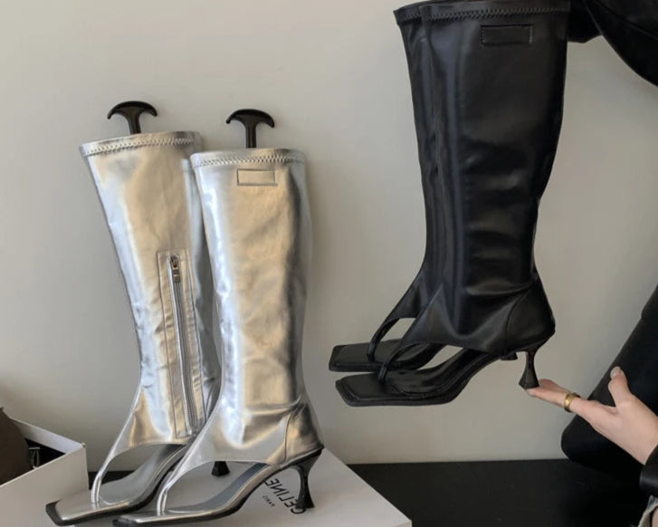 Open Toe Clip-On Knee High Boots Women Modern Booties Thin Low Heels Side Zipper Spring Party Pumps Sandals Shoe