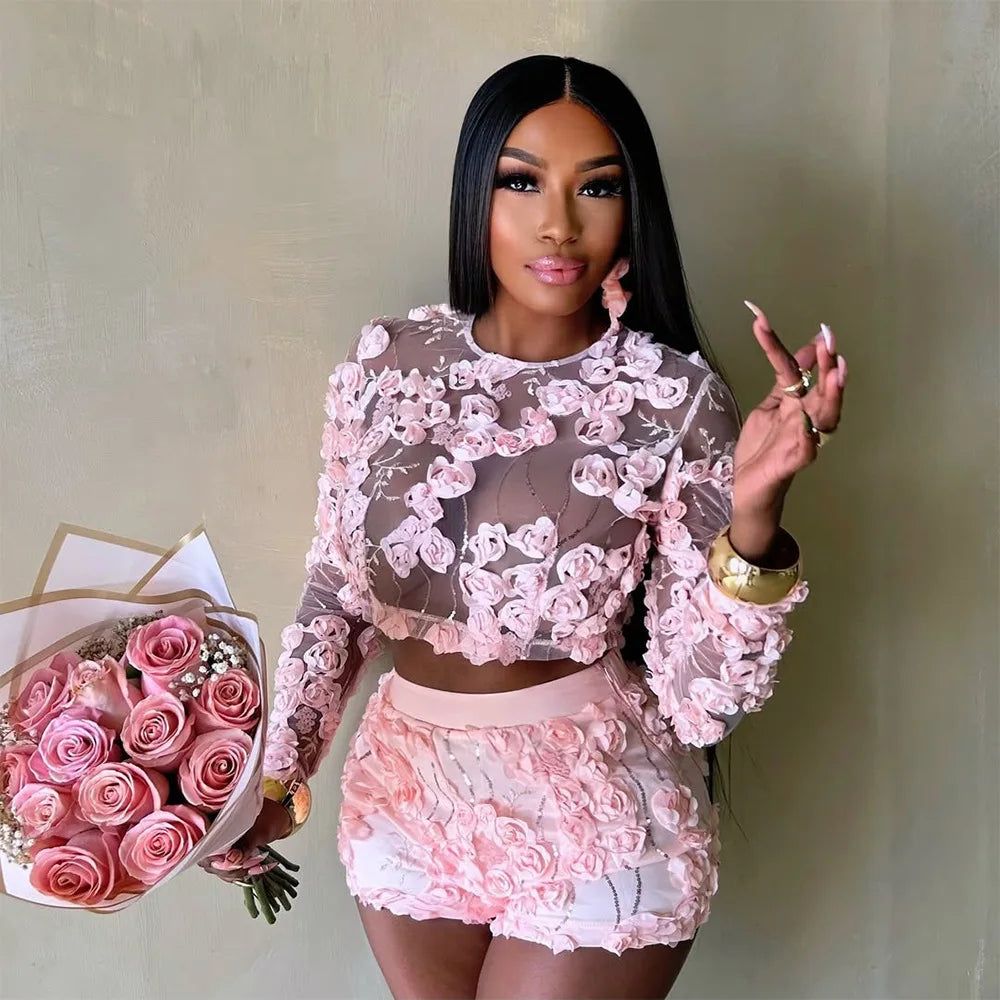 Flower Women's Set Mesh See Through Long Sleeve Top and Shorts Suits 2025 Sweet Party Girl Two 2 Piece Sets Outfits