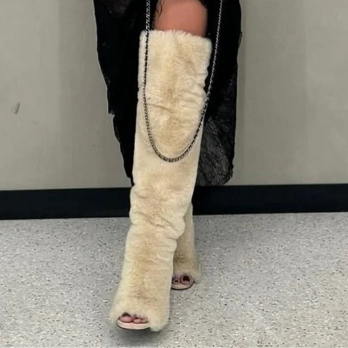 Spoken Dreams: White Fur Thigh High Warm Stiletto Heels