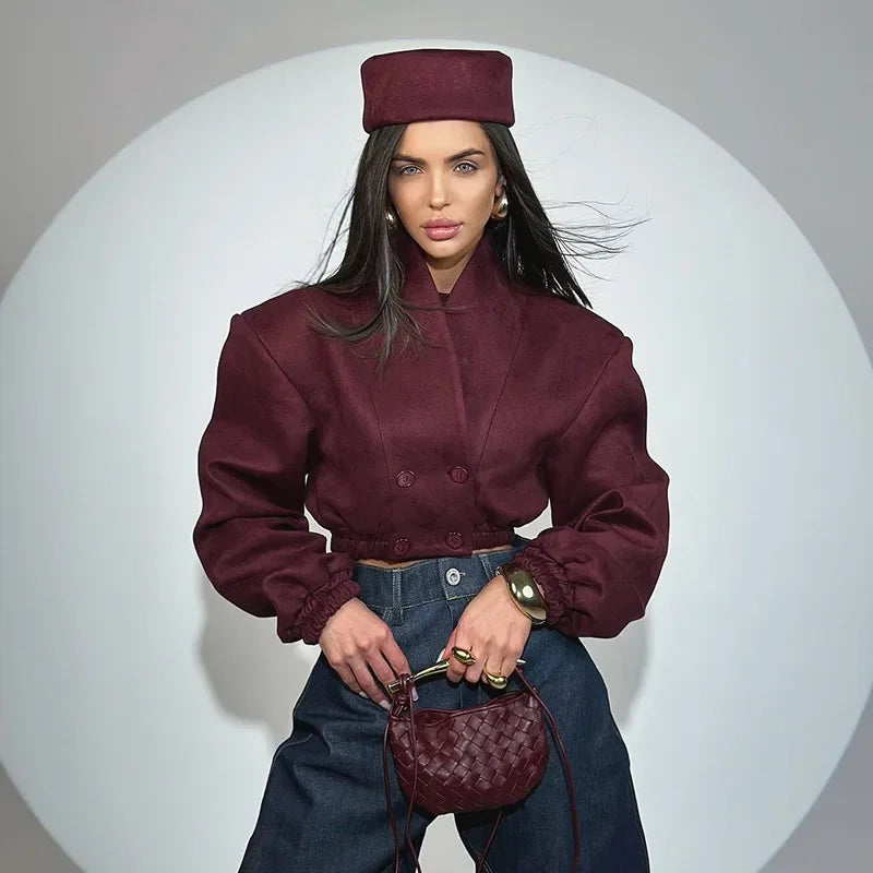 Spoken Dreams:Burgundy V-neck Double-breasted Long-sleeve Crop Jacket