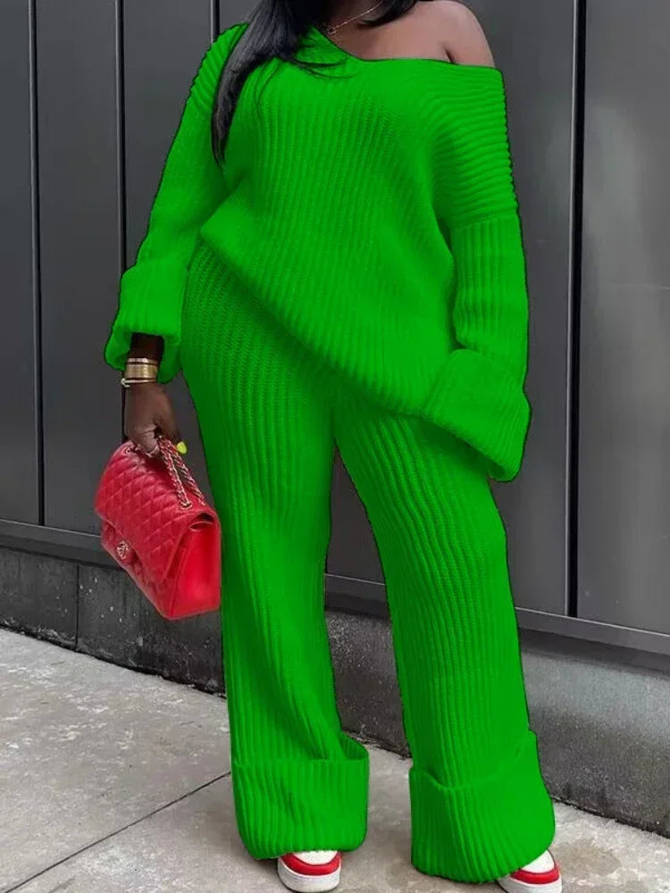 Spoken Dreams: Knit Ribbed Women's Long Sleeve V-neck Sweater Sets