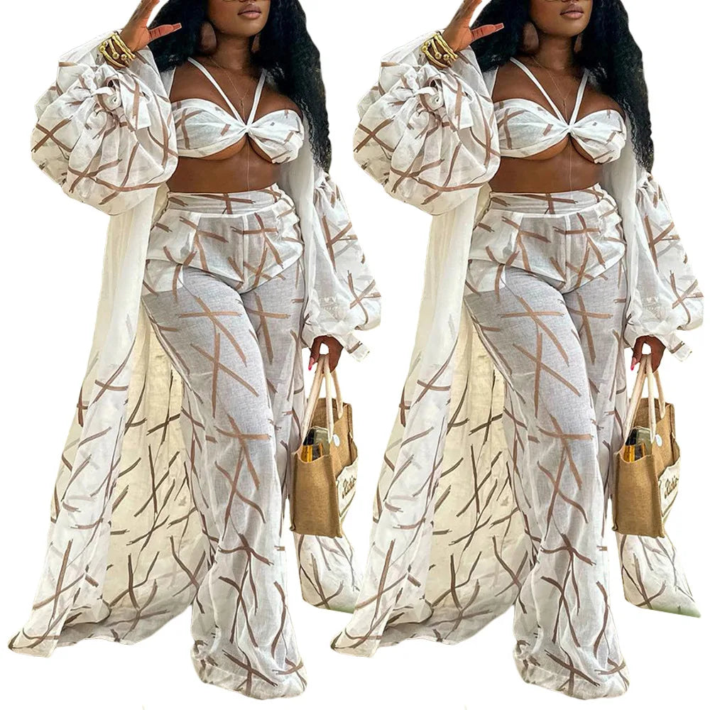 Women Solid Three Piece Set Loose Cardigan Long Shirt Vest Wide Leg Long Pants Suit