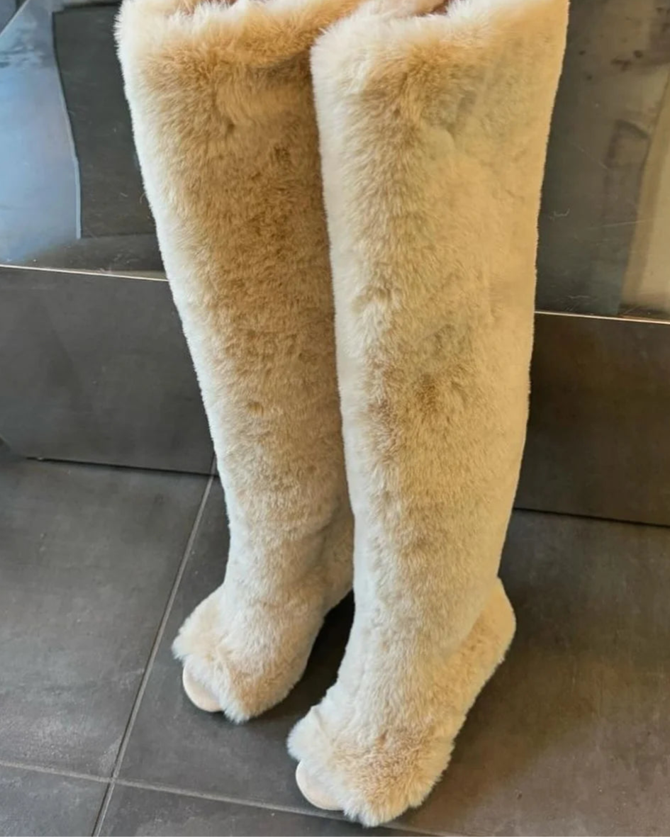 Spoken Dreams: White Fur Thigh High Warm Stiletto Heels