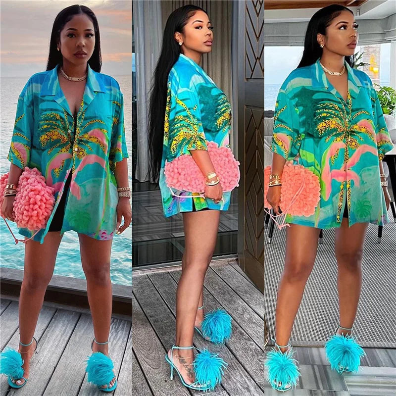 Beach Printed Turn-Down Collar Button Shirt Dress Women Clothes Short Sleeve Mini Dress Clubwear Casual Vacation Summer Dress