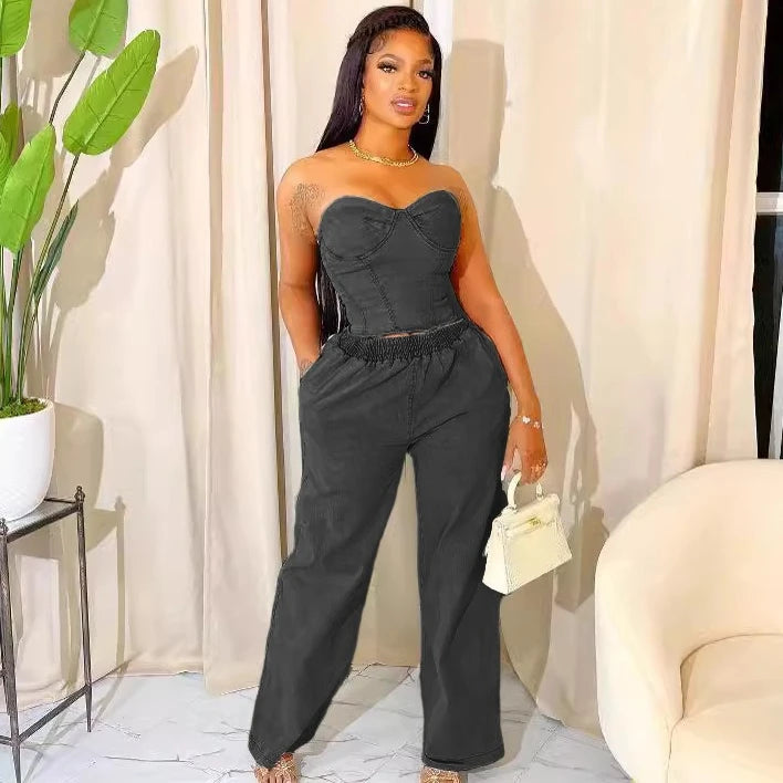 Casual Denim 2 Piece Sets Sleeveless Backless Zipper Crop Top and Wide Leg Jeans Female Streetwear New