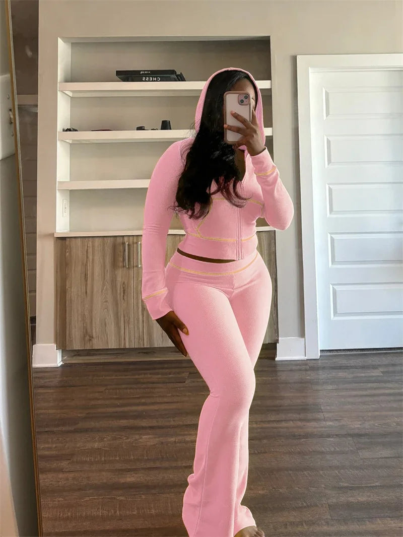 Spoken Dreams:Women Hoodie Crop Top Flare Pant Sets Casual Tracksuits