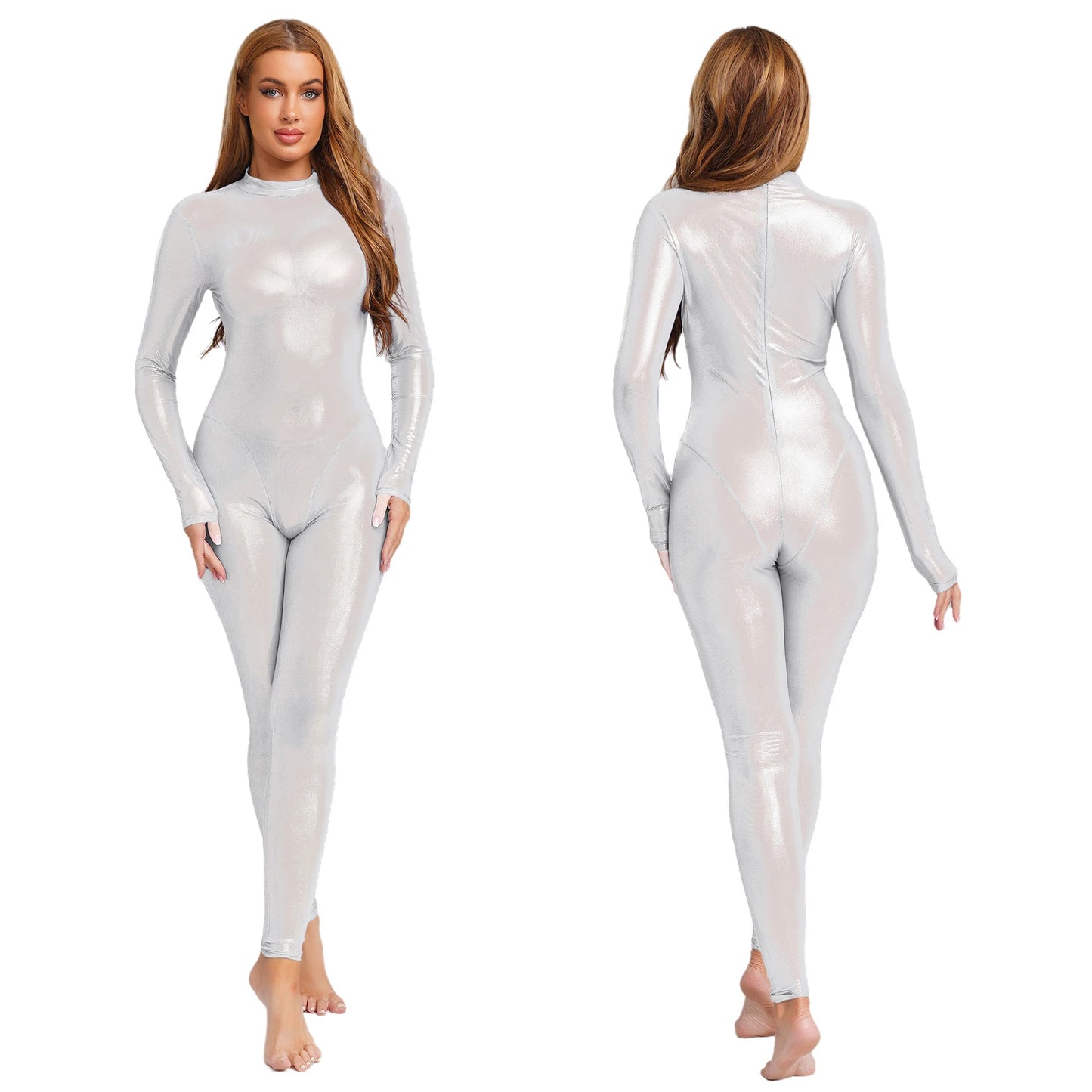 Spoken Dreams: Metallic Shiny Full Body Sheer Jumpsuit