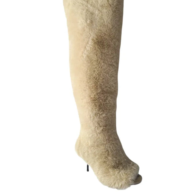 Spoken Dreams: White Fur Thigh High Warm Stiletto Heels