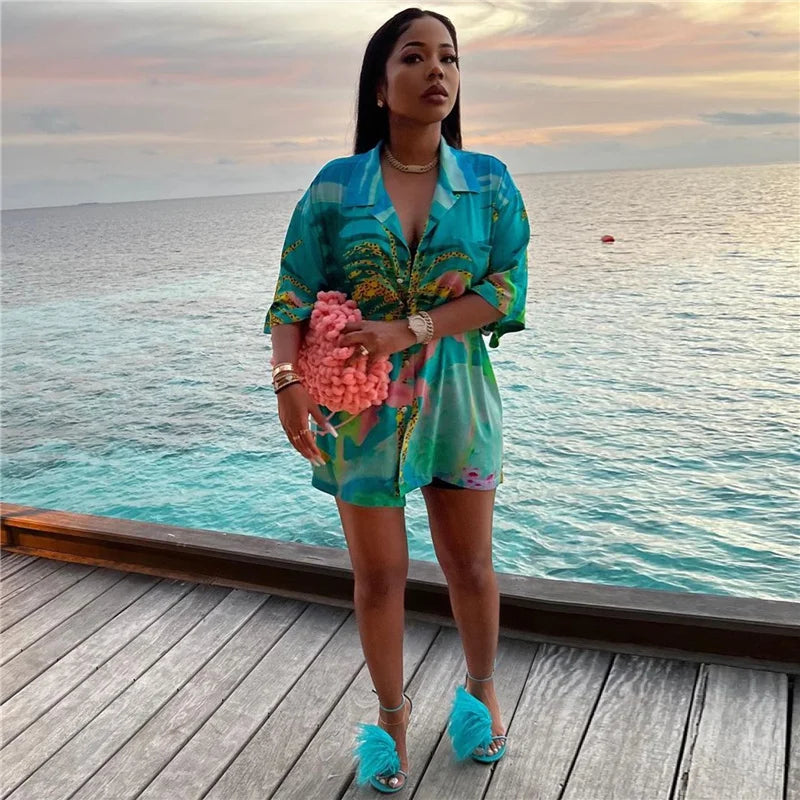 Beach Printed Turn-Down Collar Button Shirt Dress Women Clothes Short Sleeve Mini Dress Clubwear Casual Vacation Summer Dress