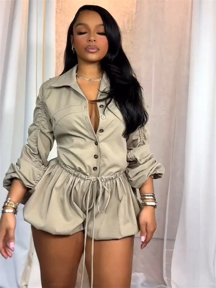 Single-Breasted Playsuit Women Folds Lace-Up Long Sleeve Elegant Solid Sexy Fit Elegant Daily Summer Trend Rompers