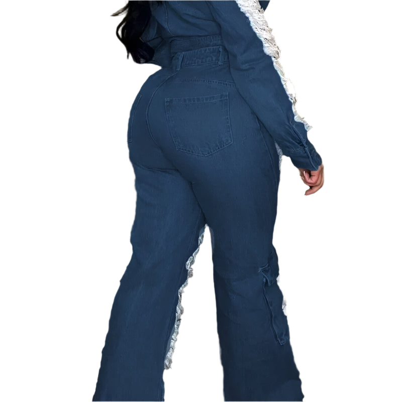 Trend Hollow Out Broken Holes Jeans Women Fashion Leg Patchwork Pocket Denim Pants Female High Waist Trousers Casual Streetwear