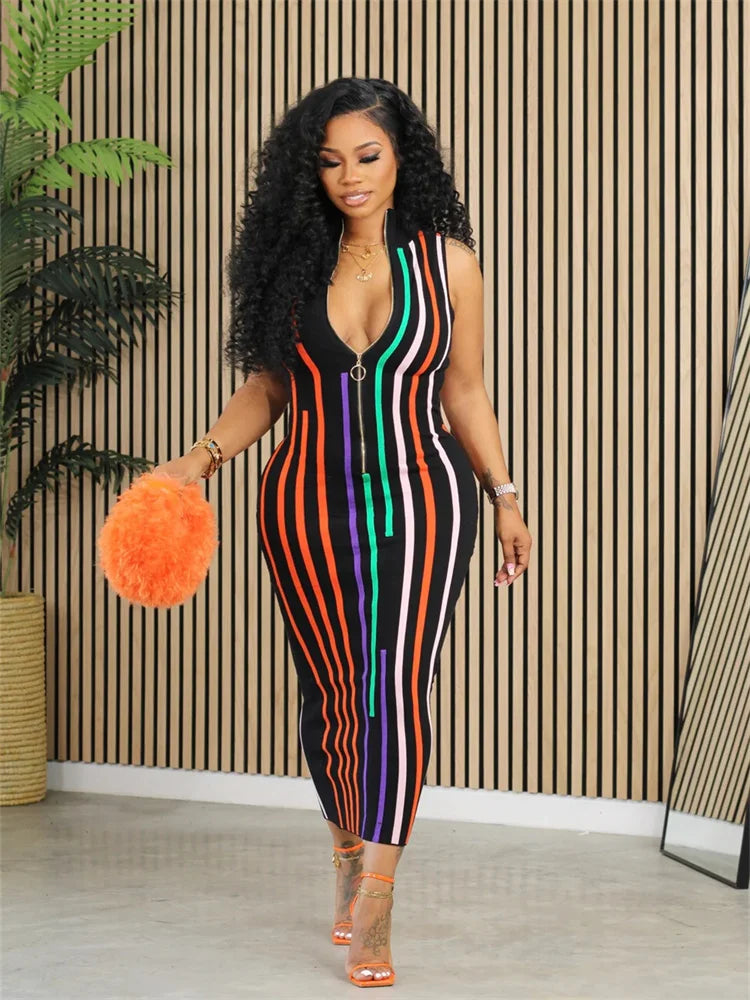 Women Party Sexy Sleeveless Striped Bodycon Fashion Zipper Maxi Long Dress Summer