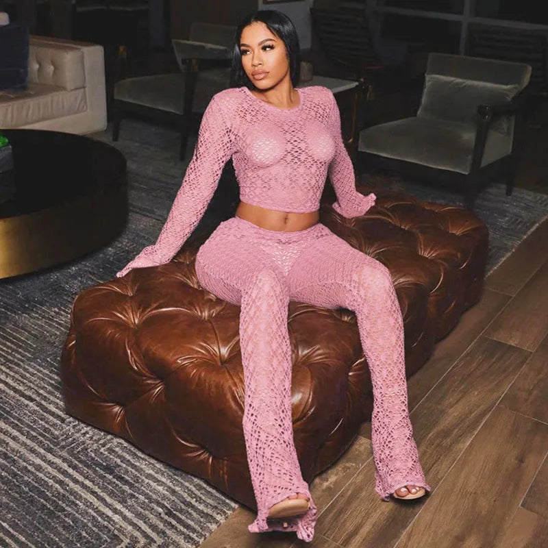 Women Lace Long Sleeve Crop Top and Flare Pants Rave Outfit