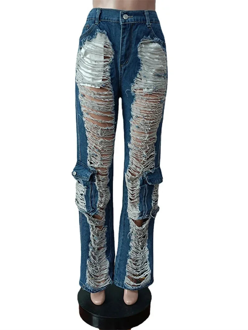 Trend Hollow Out Broken Holes Jeans Women Fashion Leg Patchwork Pocket Denim Pants Female High Waist Trousers Casual Streetwear