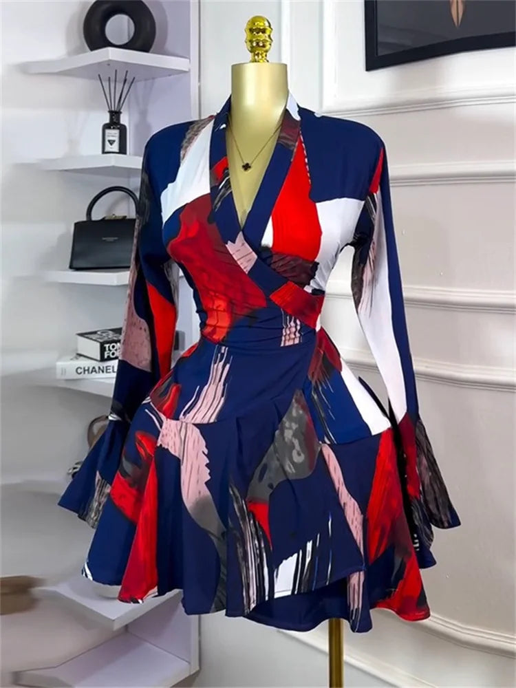 Sweet Printed V Neck Tie Flared Sleeve High Waisted Midi Dress