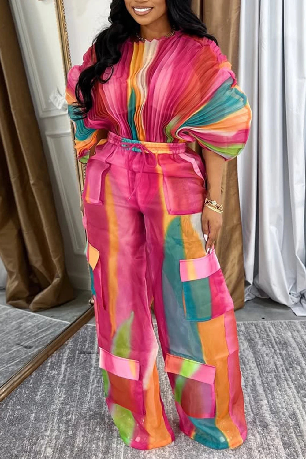 Plus Size Hot Pink Gradient Round Neck Batwing Sleeve Half Sleeve Cargo