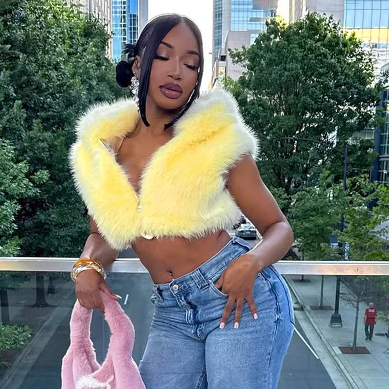 Fall Winter Solid Faux Fur Hooded Vests
