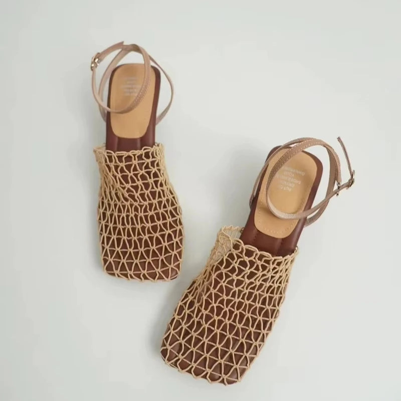 Summer Luxury Designer Sandals Women's Lace Mesh Square Toe Shallow Narrow Strap Braided Slip-on High Heels Sandals