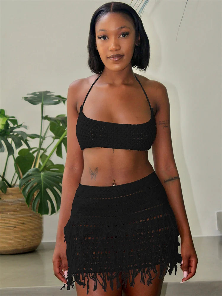Woman Summer Sexy Backless Bandage Halter Camisole+Tassel Skirts Party Skinny Matching Clubwear