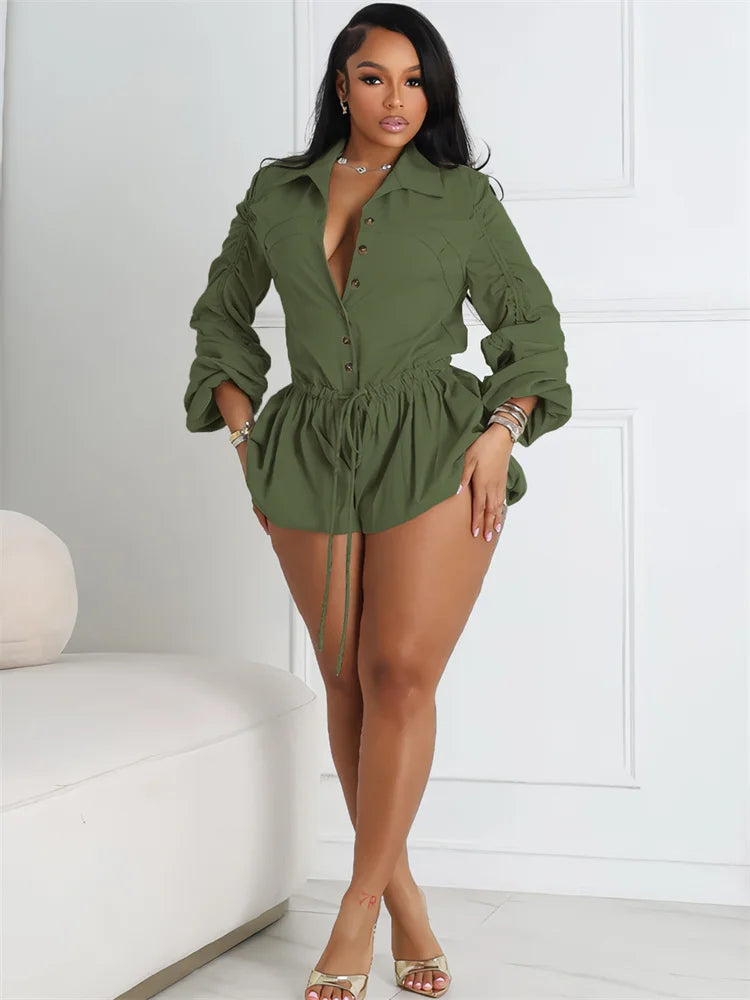 Single-Breasted Playsuit Women Folds Lace-Up Long Sleeve Elegant Solid Sexy Fit Elegant Daily Summer Trend Rompers