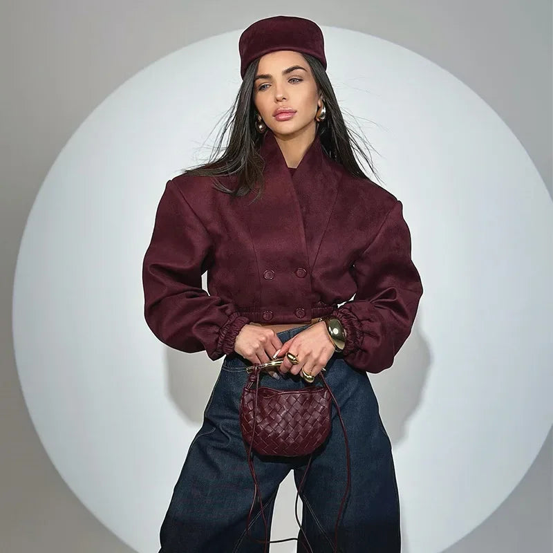 Spoken Dreams:Burgundy V-neck Double-breasted Long-sleeve Crop Jacket