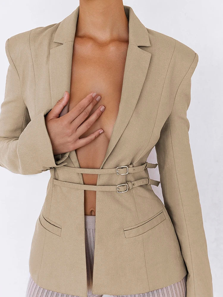 Lace Up Snap Lapel Women Blazer Cuir Summer Sexy Cutout Pockets Long Sleeve Female Top Office Fashion Casual Black Blazer