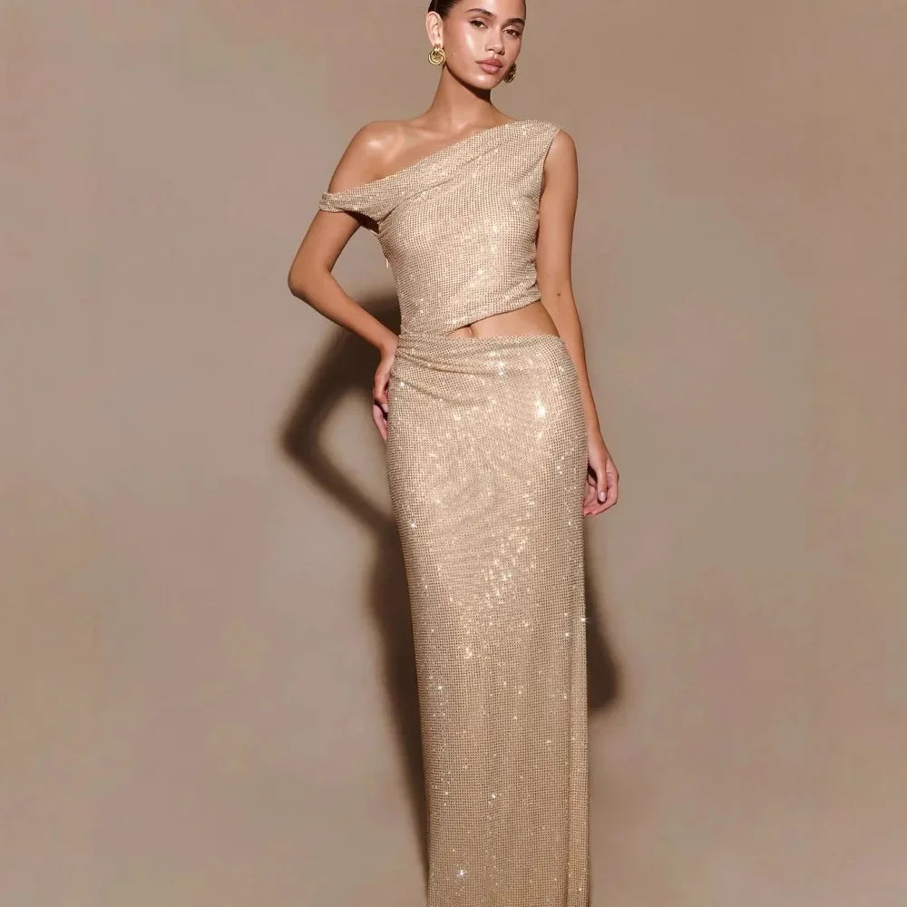 High-End Women's Sleeveless Dress Exposed Waist Diamond Embellished Asymmetrical Shoulder Cross-Border New Style Independent Sta