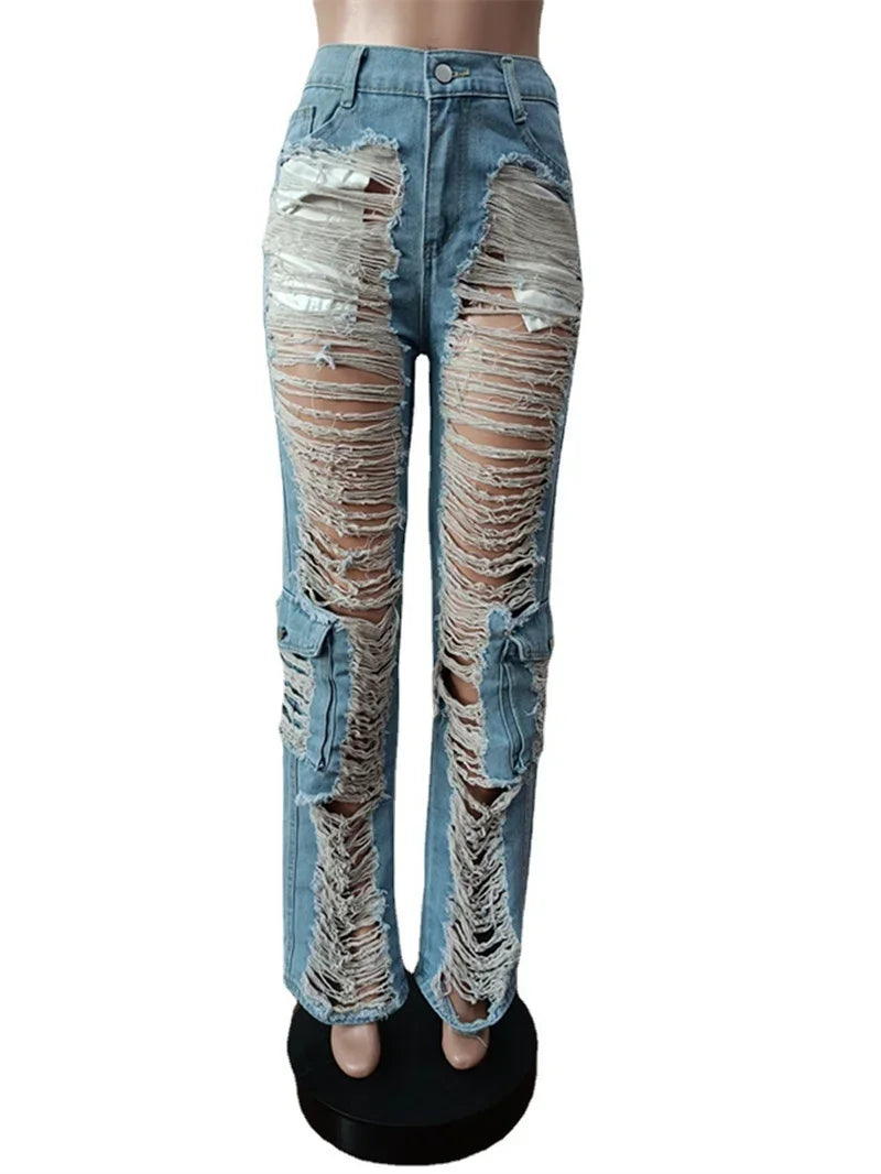 Trend Hollow Out Broken Holes Jeans Women Fashion Leg Patchwork Pocket Denim Pants Female High Waist Trousers Casual Streetwear