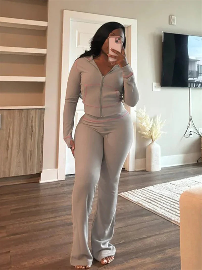 Spoken Dreams:Women Hoodie Crop Top Flare Pant Sets Casual Tracksuits