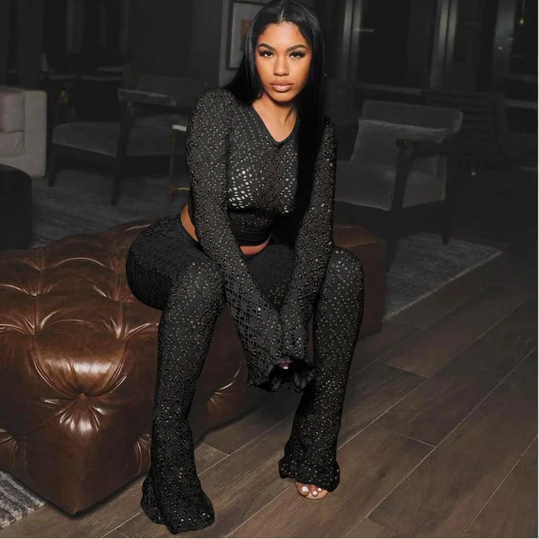 Women Lace Long Sleeve Crop Top and Flare Pants Rave Outfit