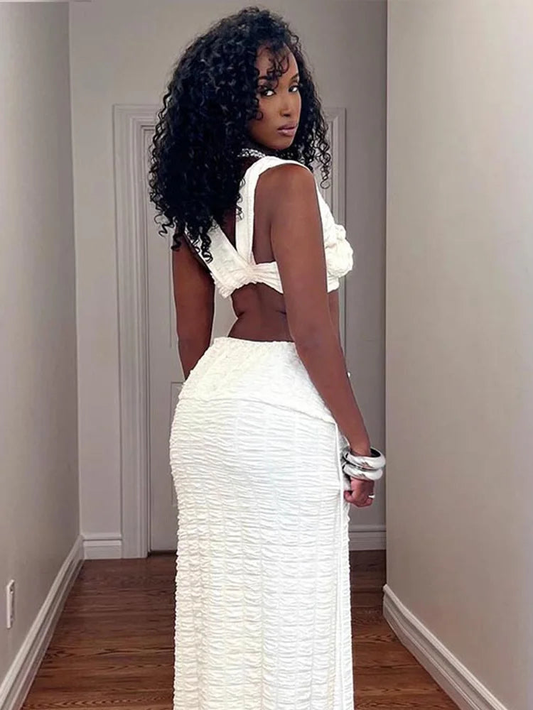 Elegant 2 Piece Set Women Hollow Square Collar Bandage Tank Tops+Stretch Long Skirts Midnight Sexy Trend Suits