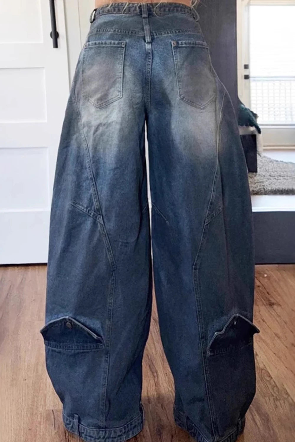 Women Loose Denim Jeans Pants Asymmetric Button Pocket Washed Casual Harajuku High Street Grunge Denim Trouders Jeans for Women