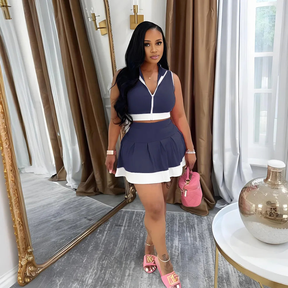 Sleeveless V-neck Vest + Pleated Skirts 2025 Summer Cute Street Beach Two 2 Piece Sets Outfits Tracksuit