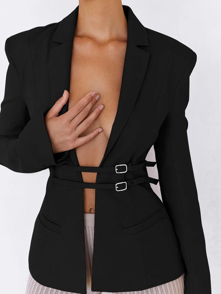 Lace Up Snap Lapel Women Blazer Cuir Summer Sexy Cutout Pockets Long Sleeve Female Top Office Fashion Casual Black Blazer