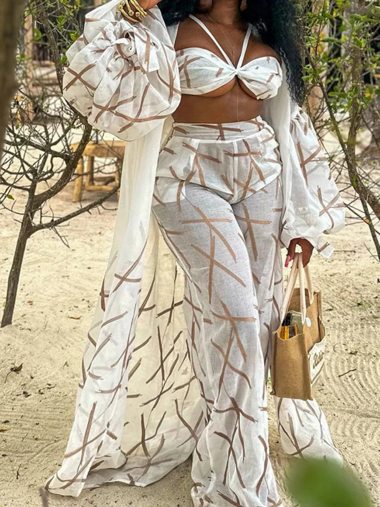 Women Solid Three Piece Set Loose Cardigan Long Shirt Vest Wide Leg Long Pants Suit