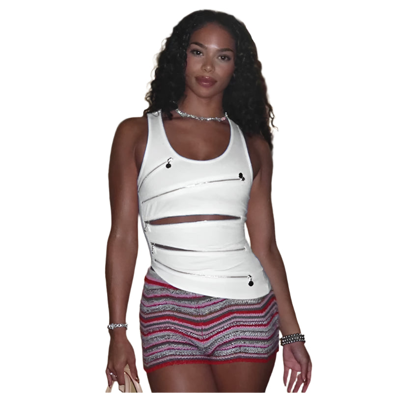CUTENOVA Fashion Punk Women Zipper Design Crop Tops Sleeveless Cut Out Slim Tanks Vest Grunge Hollow Out Vest Tops Bustiers Str